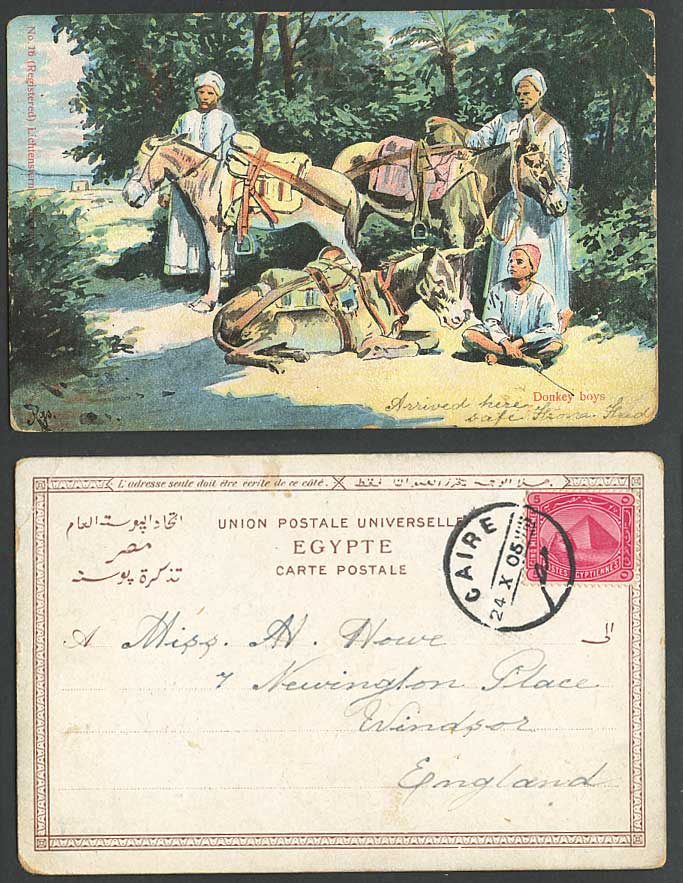 Egypt 5m 1905 Old UB Postcard Cairo Native Donkey Boys Donkeys Resting Caire 16.
