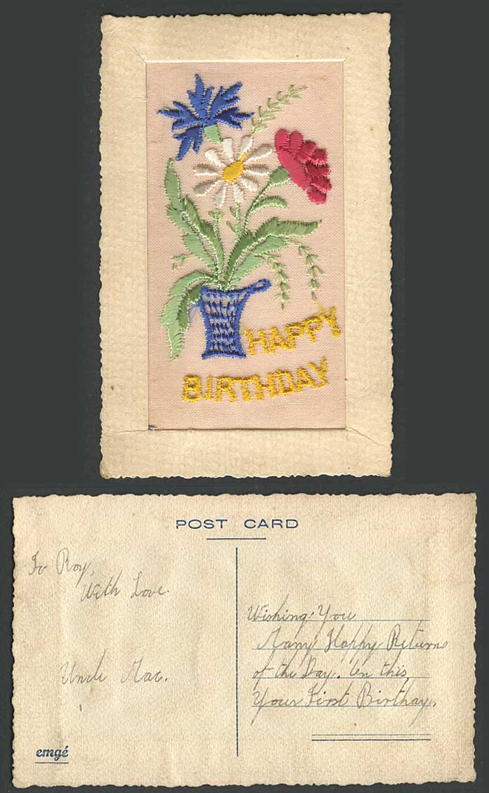 WW1 SILK Embroidered Old Postcard A Happy Birthday Flowers Pot Novelty Greetings