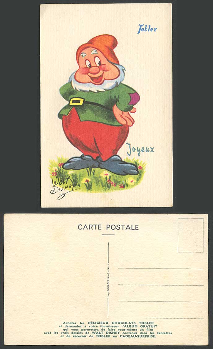 Walt Disney Film 1937 Old Postcard Snow White & Seven Dwarfs Happy Joyeux Tobler