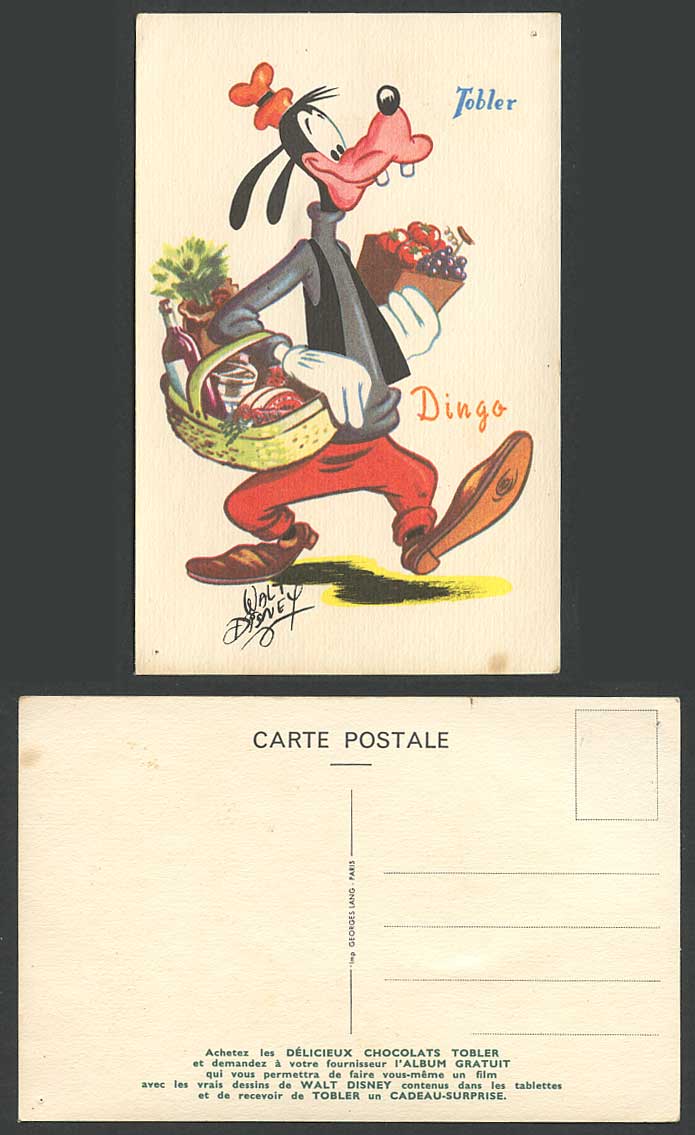 Walt Disney Dingo Wine Vegs Chocolats Tobler Chocolates Advertising Old Postcard