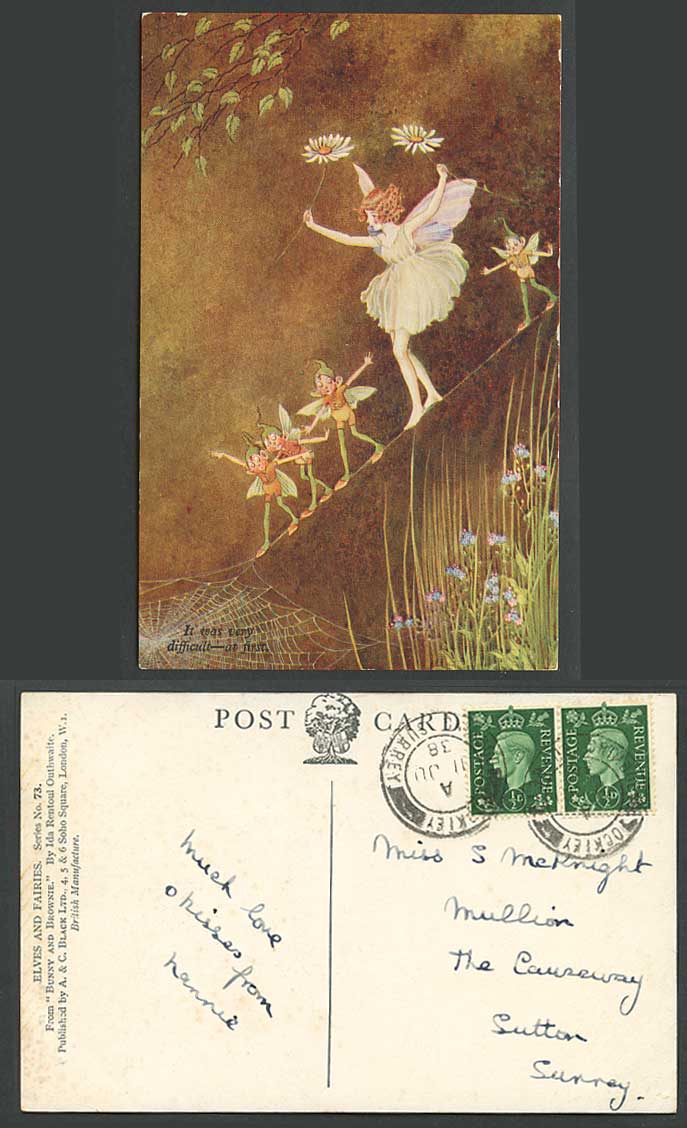 IR OUTHWAITE 1938 Old Postcard Fairy Girl Elves Tightrope Difficult at First Web