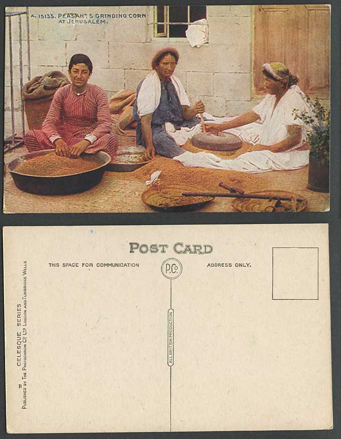 Palestine Old Color Postcard Women Peasants Grinding Corn at Jerusalem Holy Land