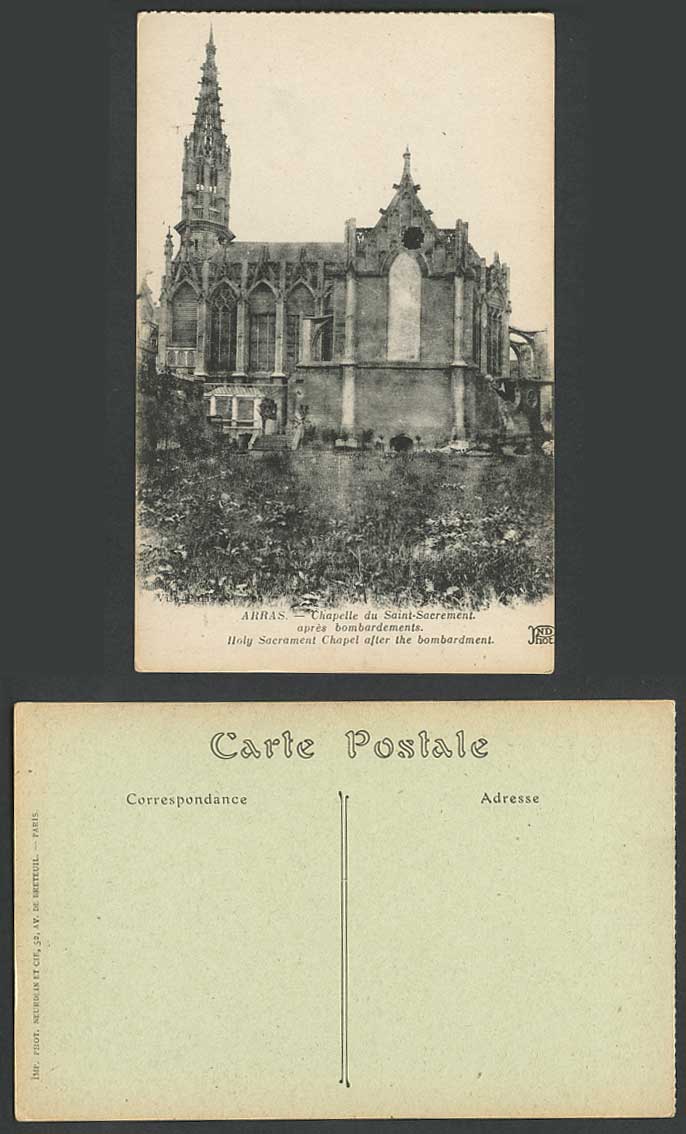 France Arras Old Postcard Chapelle du Saint-Sacrement, Chapel after Bombardment