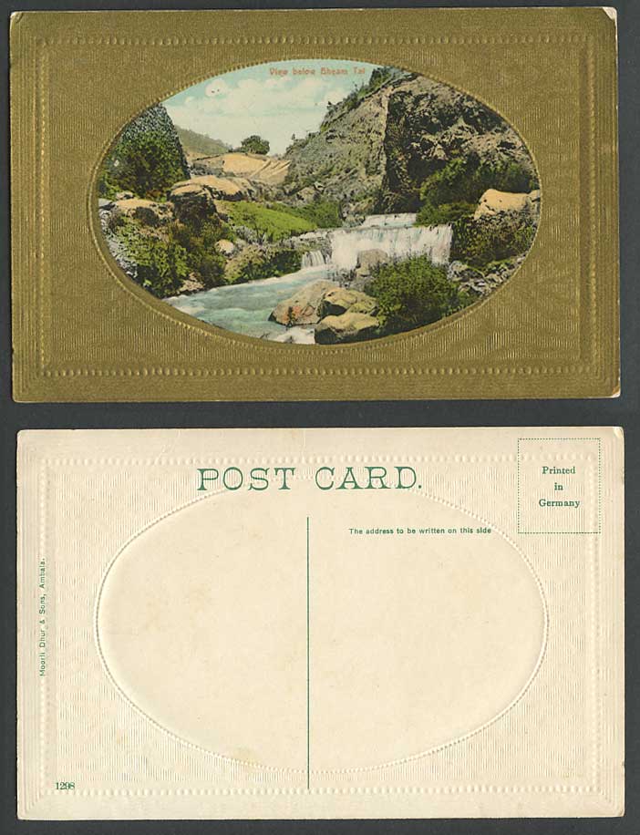 India Old Embossed Postcard View below BHEAM TAL Waterfalls NAINITAL Water Falls