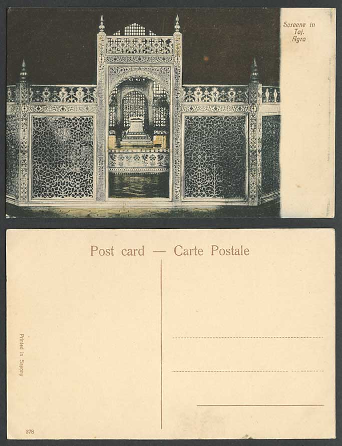 India Old Colour Postcard Marble Screen Grille TAJ MAHAL Interior Agra by Mughal