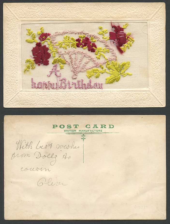 WW1 SILK Embroidered Old Postcard A Happy Birthday Fan Flowers Novelty Greetings