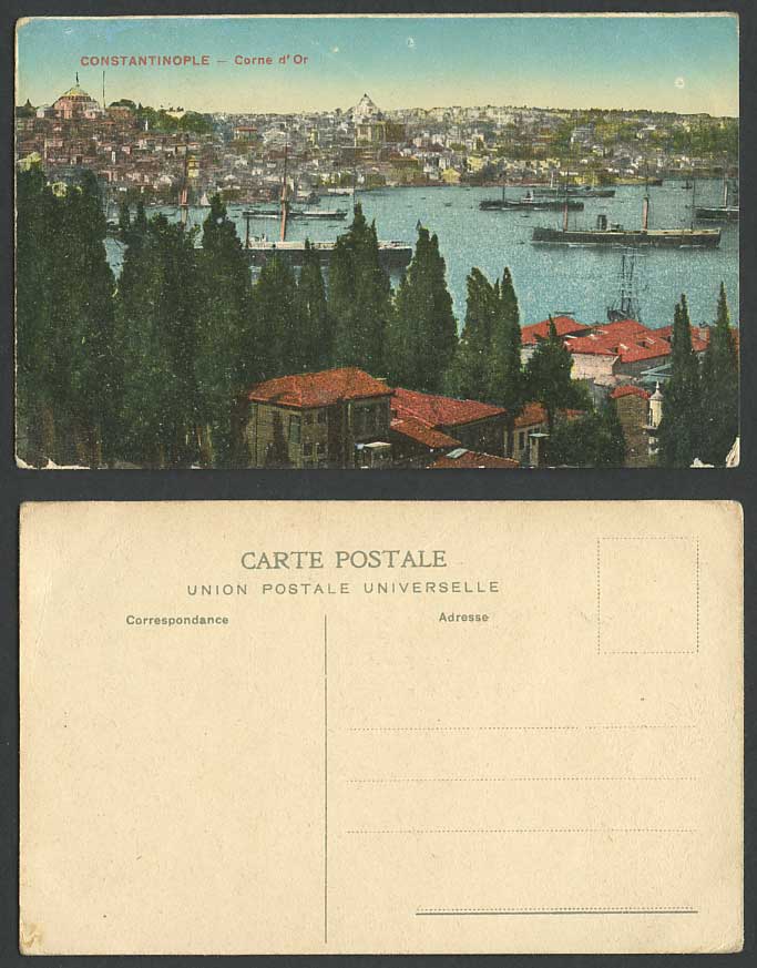 Turkey Old Colour Postcard Constantinople Corne d'Or, Steam Ships Steamers Boats