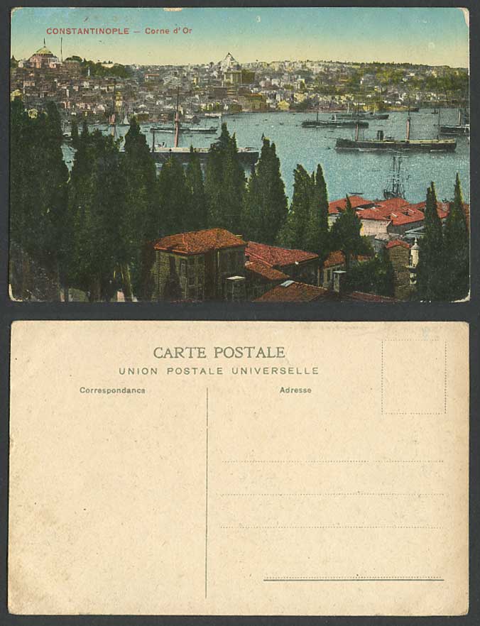 Turkey Old Postcard Constantinople Corne d'Or Steam Ships Steamers Boat Panorama