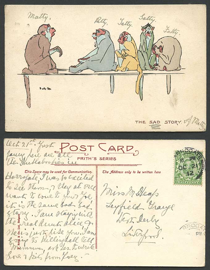 J.A.S. Artist Signed The Sad Story Monkeys Chimpanzees 1912 Old Postcard Frith's