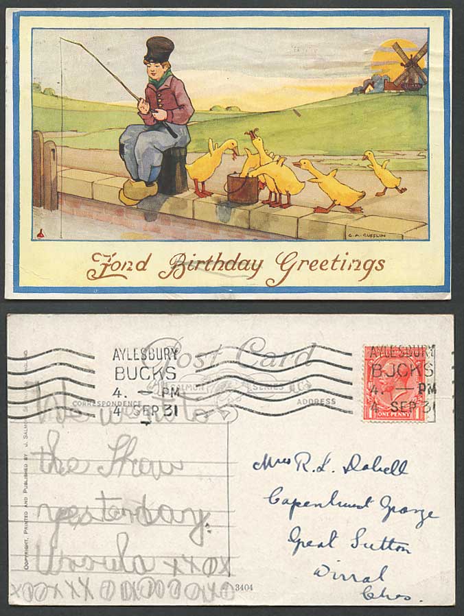 GA Cufflin Artist Signed Dutch Boy Fishing Windmill Ducks Bird 1931 Old Postcard