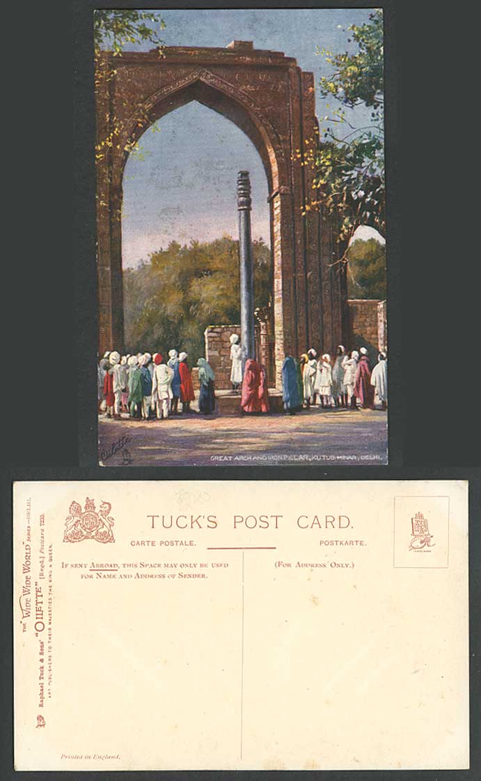 India Old Tuck's Oilette Postcard Great Arch & Iron Pillar Kutub Minar Delhi ART