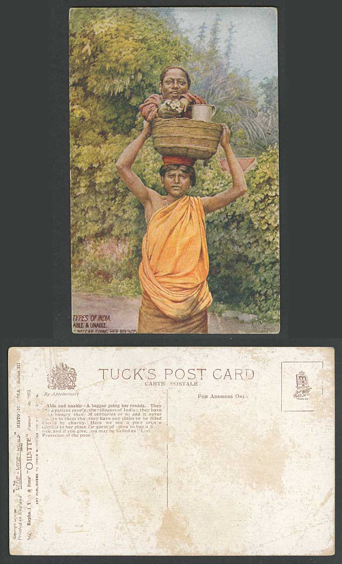 India Types Old Tuck's Oilette Postcard Able and Unable, Beggar Going Her Rounds