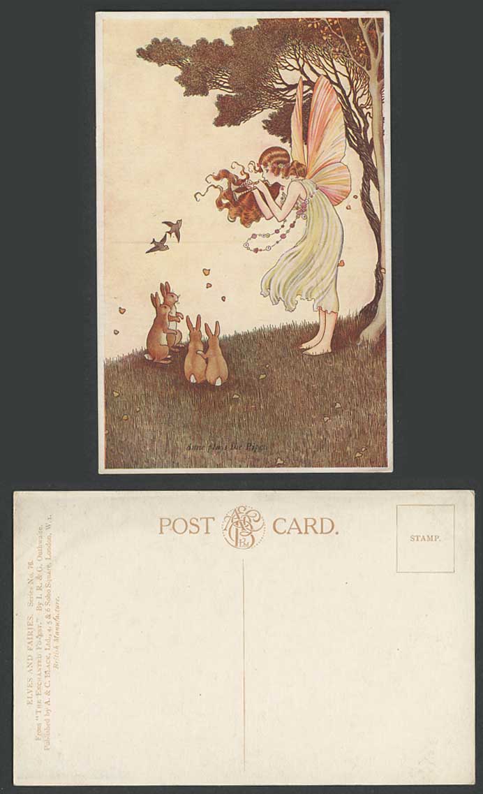 IR OUTHWAITE Old Postcard Fairy Girl Anne Play Pipes Rabbit Enchanted Forest 76.