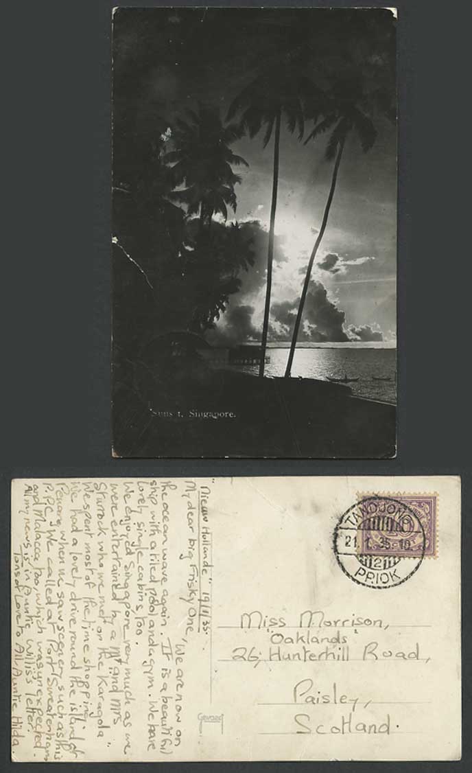 Singapore Sunset Dutch Indies 10c Tandjong Priok 1935 Old RP Postcard Palm Trees