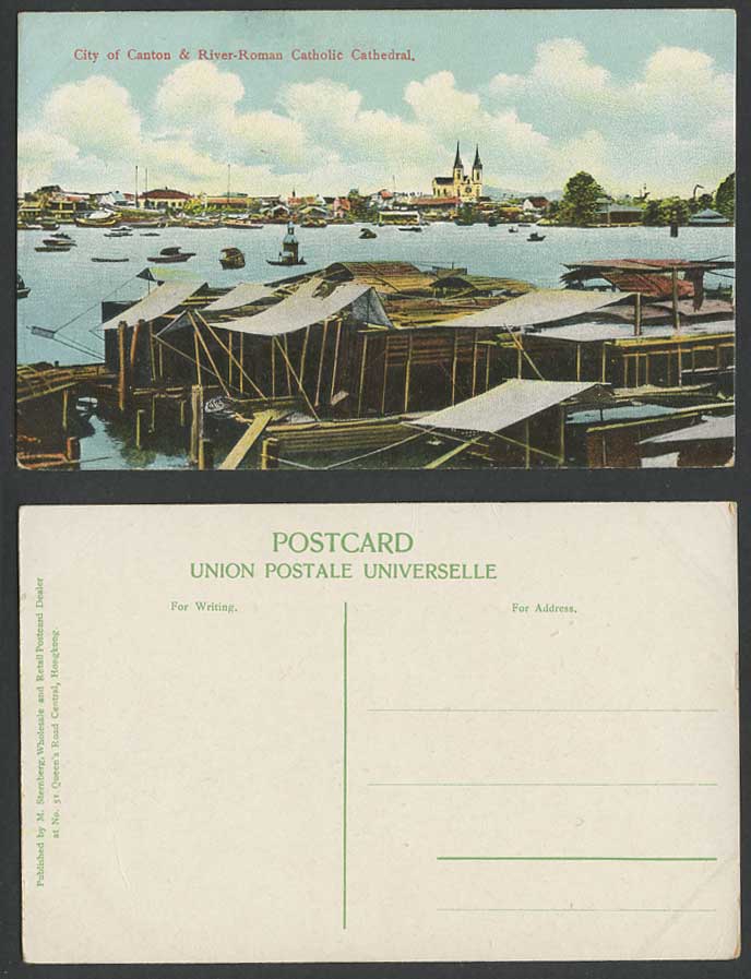 China Old Colour Postcard Canton City River Roman Catholic Cathedral Sampan Boat