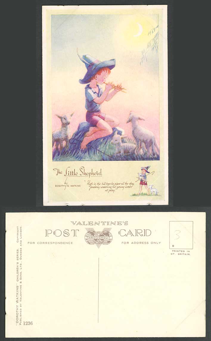 Dorothy B. Watkins Artist Signed Old Postcard The Little Shepherd, Piper & Lambs