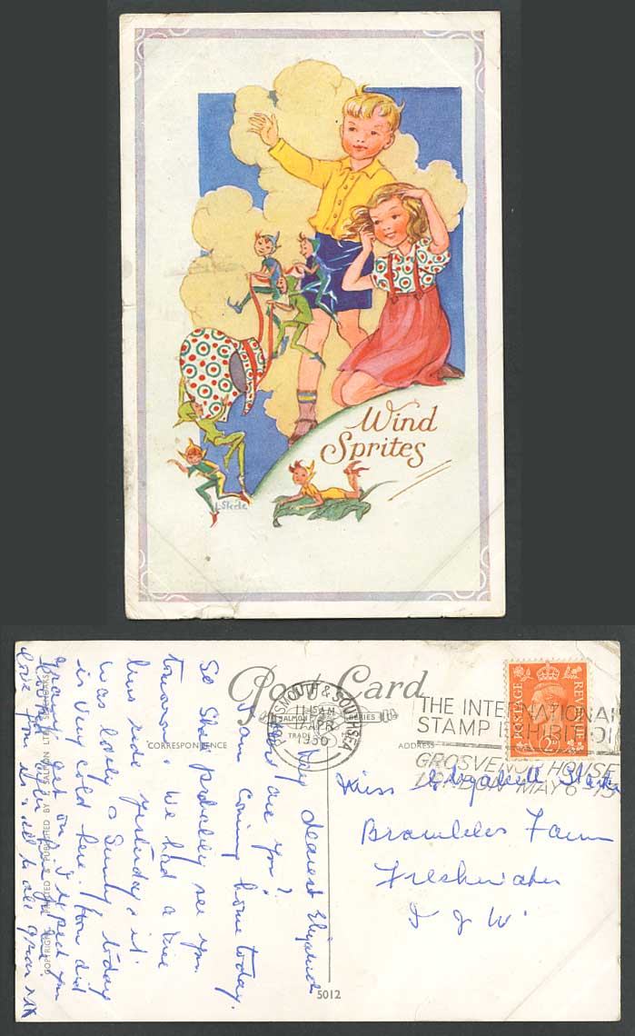 L Steele Stamp Exhibition 1950 Old Postcard Wind Sprites Child Fairies Peter Pan