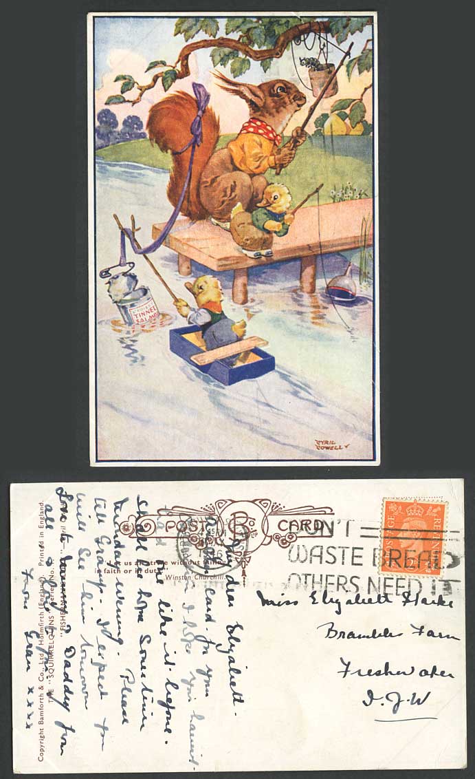 Cyril Cowell 1946 Old Postcard Fisherman's Luck Squirrel Fishing Ducks Ducklings