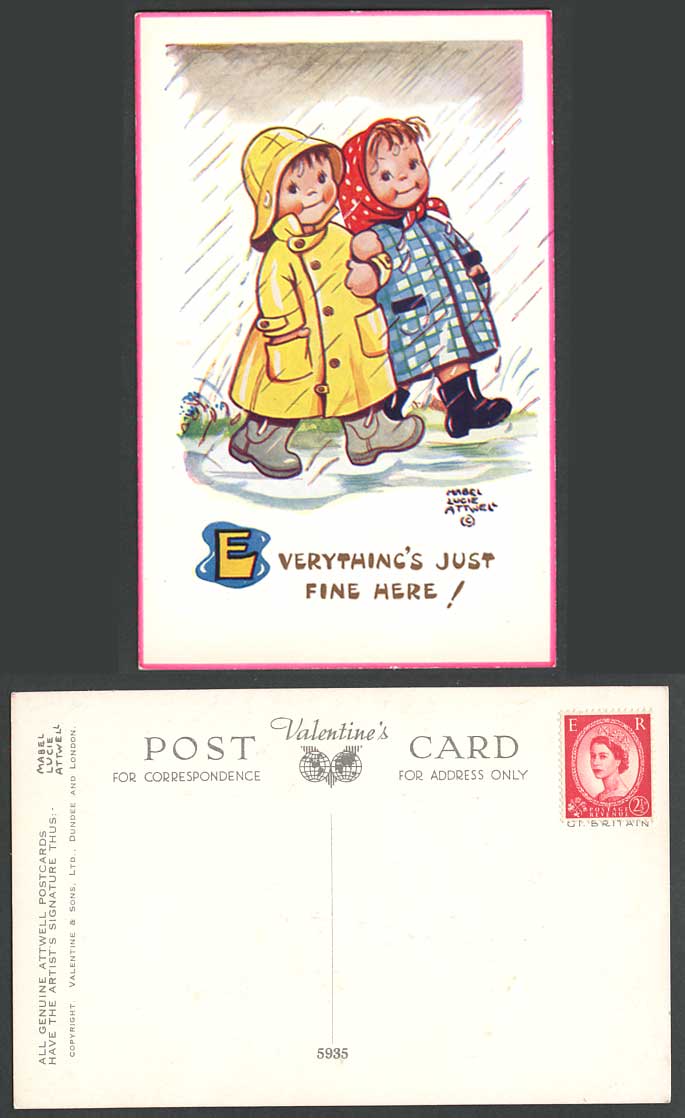 MABEL LUCIE ATTWELL QEII 2 1/2d on Old Postcard Everything's Just Fine Here 5935