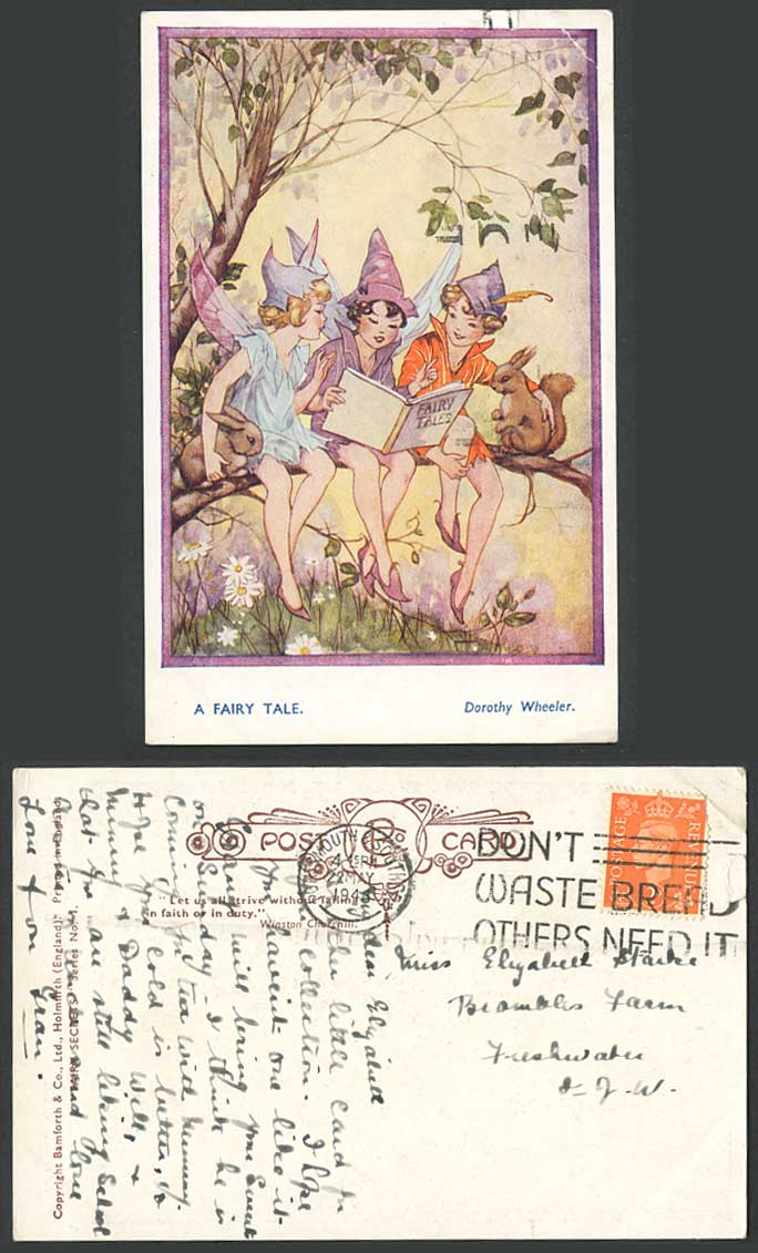 Dorothy Wheeler 1946 Old Postcard Fairy Tale Fairies Squirrel Rabbit Waste Bread