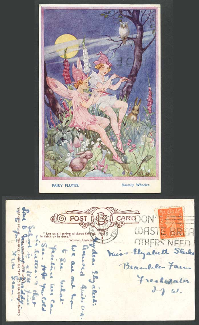 Dorothy Wheeler DMW 1946 Old Postcard Fairy Flutes Fairies Owl Bird Rabbits Moon