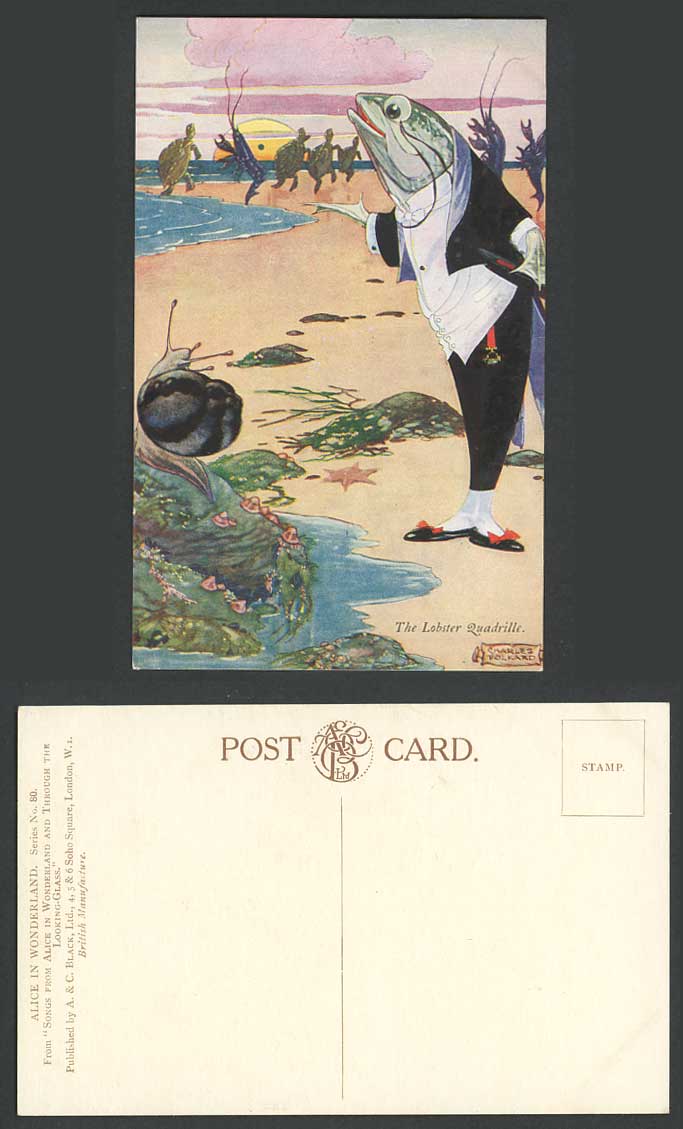 Charles Folkard 1921 Alice in Wonderland The Lobster Quadrille Fish Old Postcard