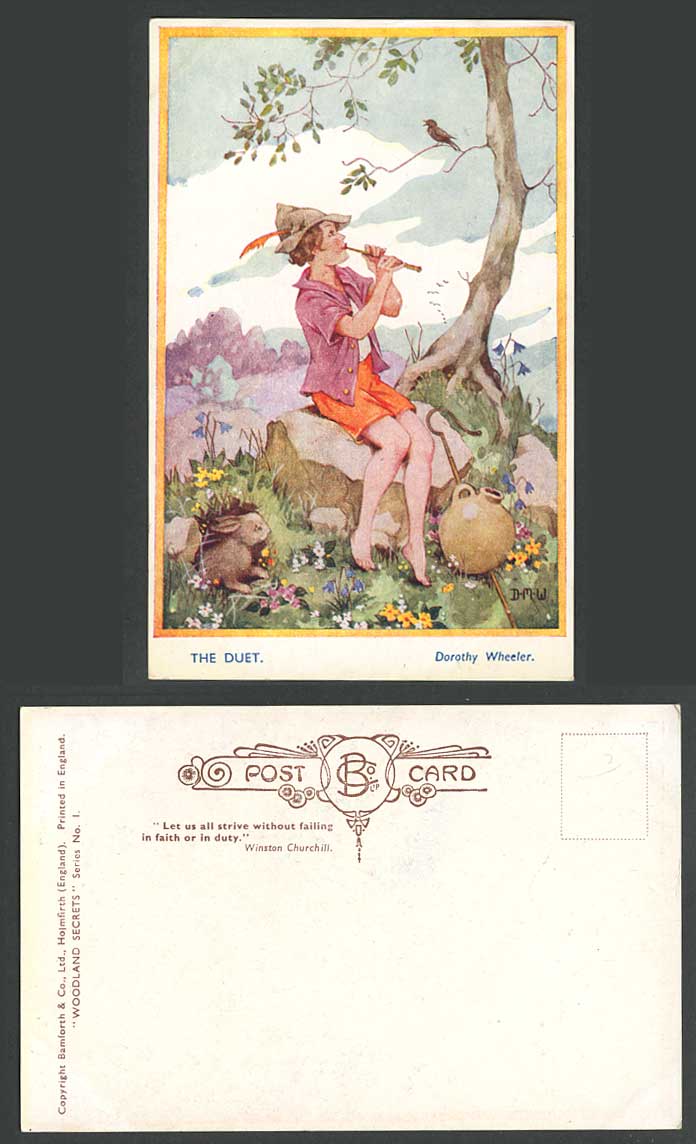 Dorothy Wheeler D.M.W Old Postcard The Duet Piper Shepherd Peter Pan Rabbit Bird
