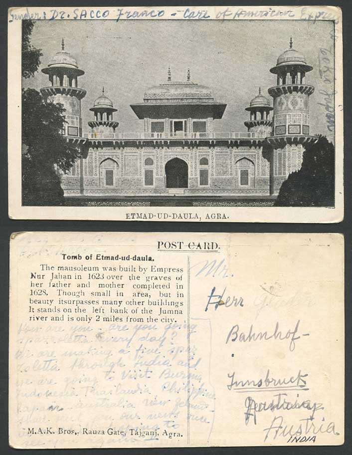 India Old Postcard Agra Etmad-Ud-Daula Tomb Etmaduddaula Etmadud dowla MAK Bros.