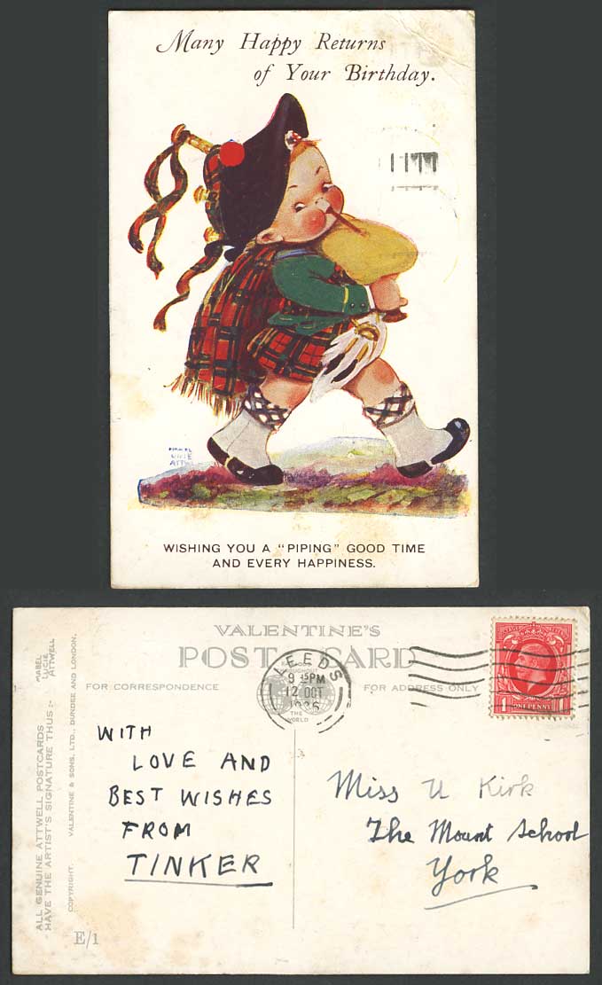 MABEL LUCIE ATTWELL 1926 Old Postcard A Piping Birthday Scottish Boy Bagpipe E/1