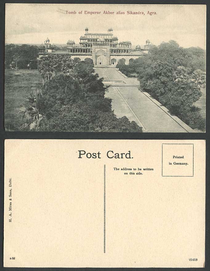 India Old Postcard Tomb of Emperor Akber alias Sikandra Agra Fountain H.A. Mirza