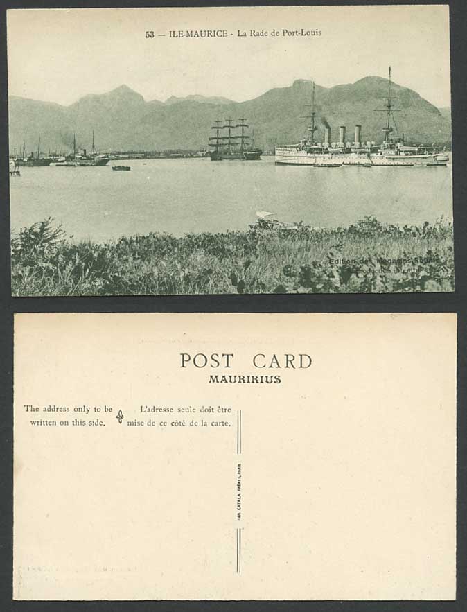 Mauritius c.1910 Old Postcard La Rade de Port Louis Bay Harbour Battleship Boats