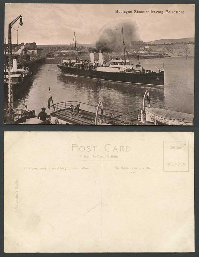 Folkestone, Boulogne Steamer Leaving Old Postcard Steam Ship Harbour Cliffs Kent