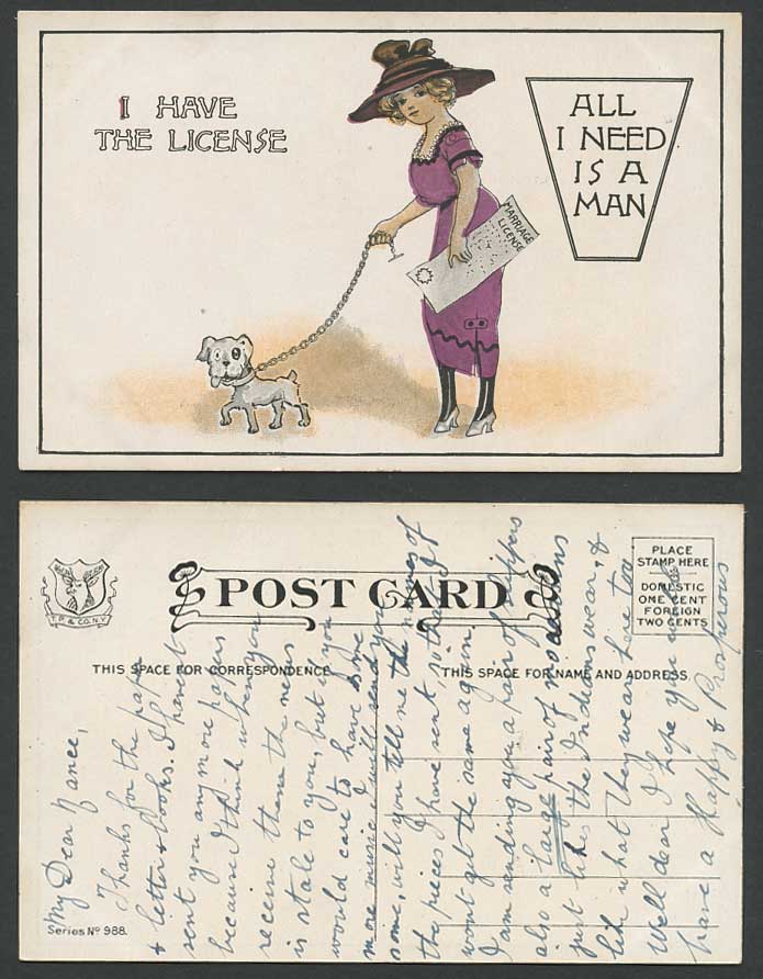 Dog Puppy Glamour Lady Woman & Marriage License All I Need is a Man Old Postcard