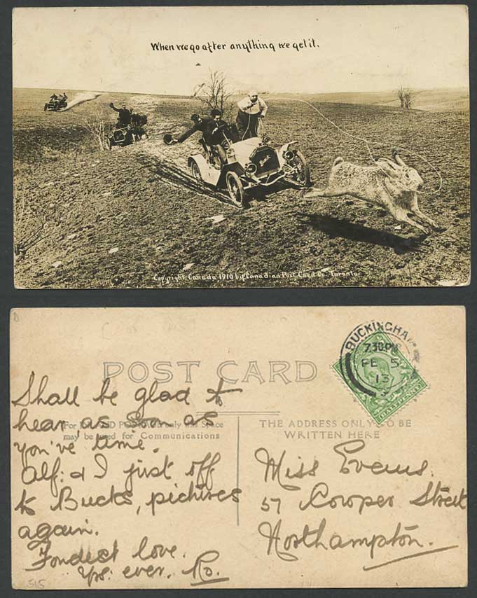 Vintage Motor Cars, Hunters Hunting Giant Rabbit Bunny Hare 1913 Old RP Postcard