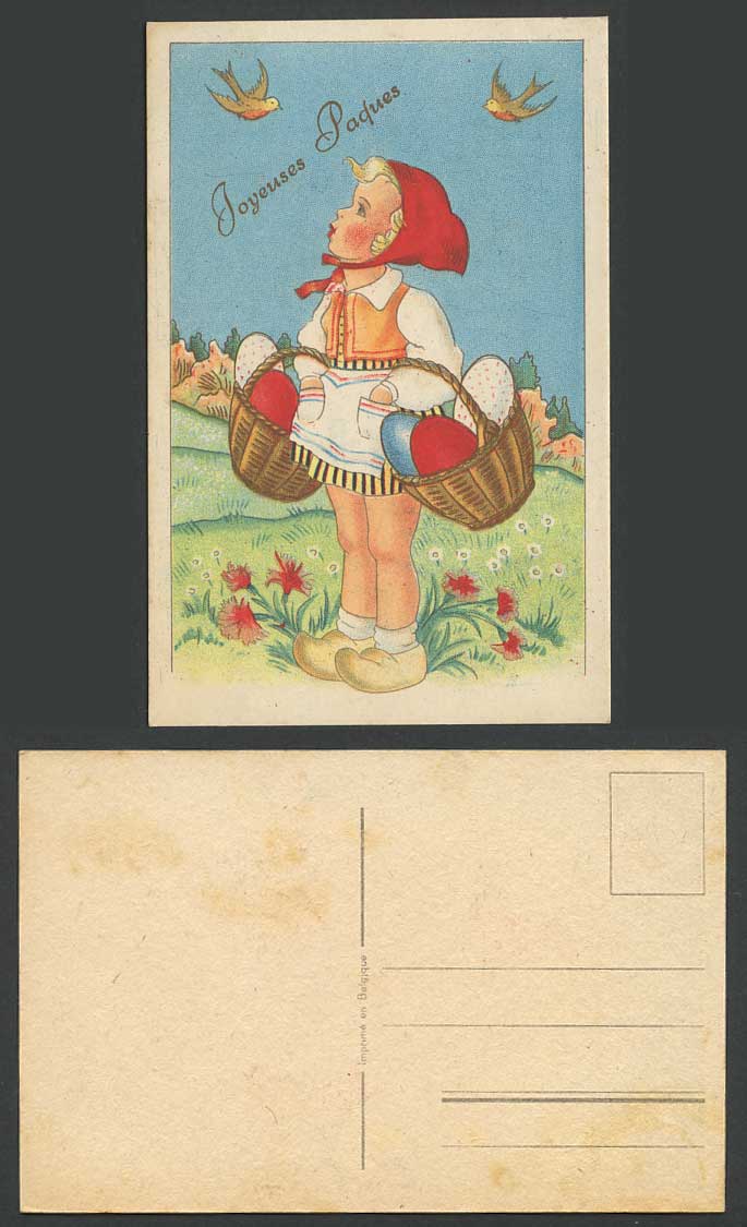 Girl with Basket of Eggs Happy Easter Birds, Little Red Riding Hood Old Postcard