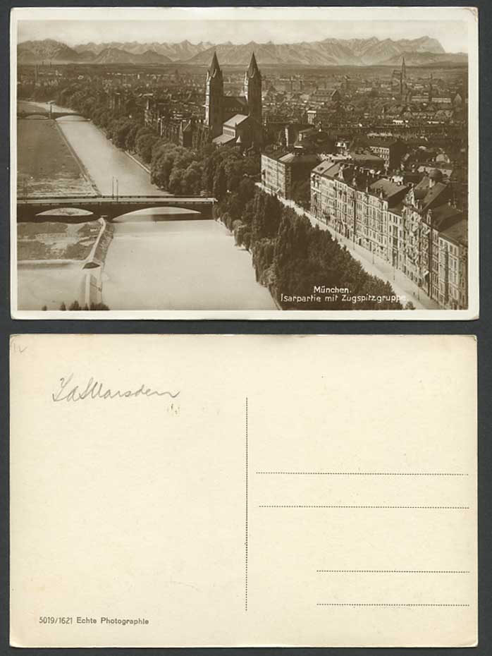 Germany Munich Old R.P. Postcard Bridge Isarpartie mit Zugspitzgruppe Isar River