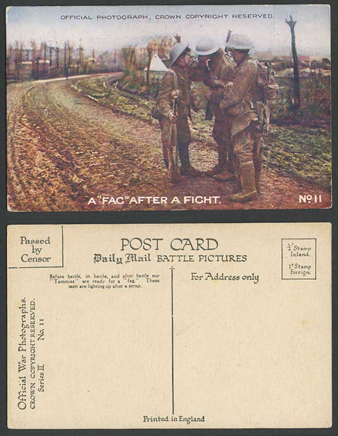 WW1 Daily Mail Old Postcard A FAG After A Fight, Tommies Soldiers Smoking Censor