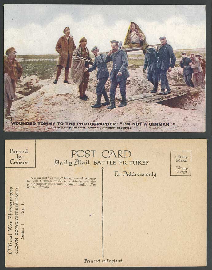 WW1 Old Postcard WOUNDED TOMMY CARRIED BY GERMAN Prisoner of War P.O.W. Soldiers