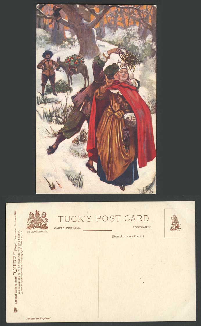 Tuck's Oilette Christmas Kisss under Mistletoe, A. Forestier Artist Old Postcard