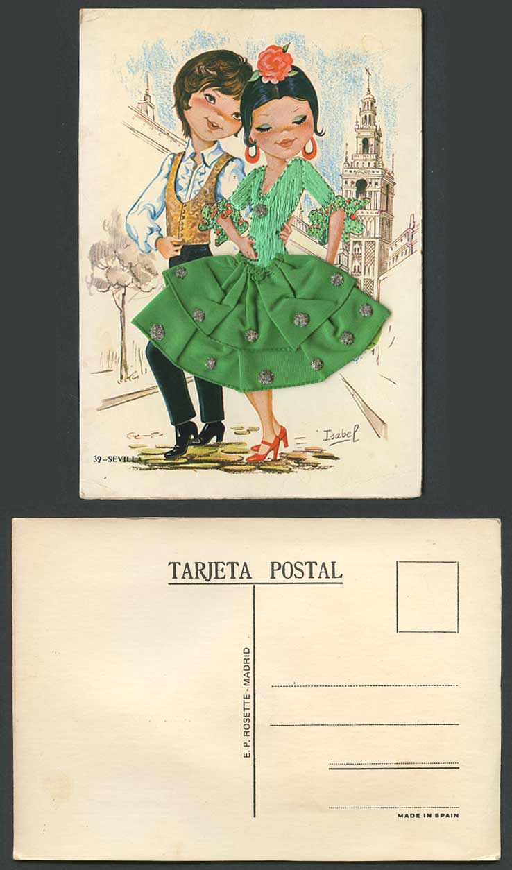 Spain Silk Embroidered Dress Sevilla Boy Girl Dancers Isabel Artist Old Postcard