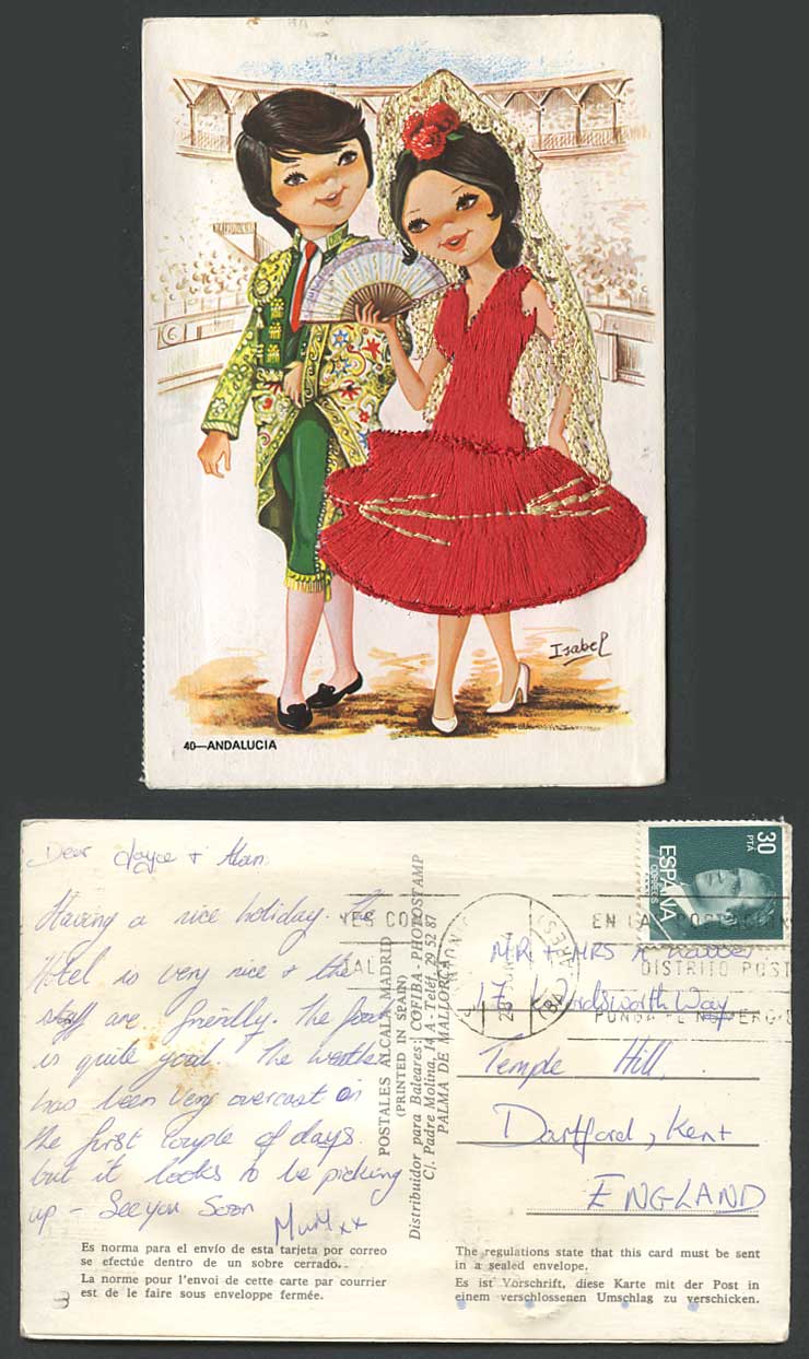Spain Silk Embroidered Dress Andalucia Torero Girl Dancer by Isabel Old Postcard