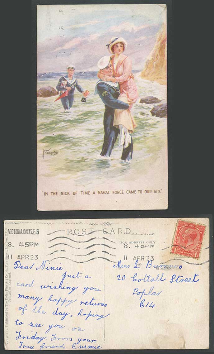 Edgar ArtistSigned 1923 Old Postcard In Nick of Time Naval Force Came to Our Aid