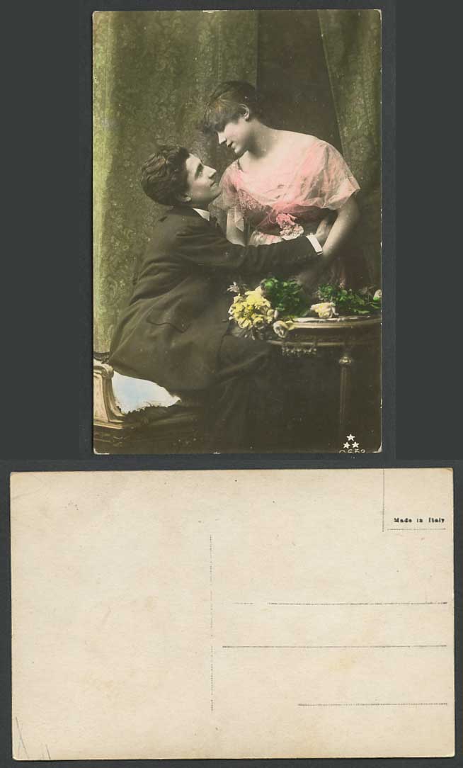 Glamour Lady Woman Man and Flowers Romance Hand-Coloured Old Real Photo Postcard