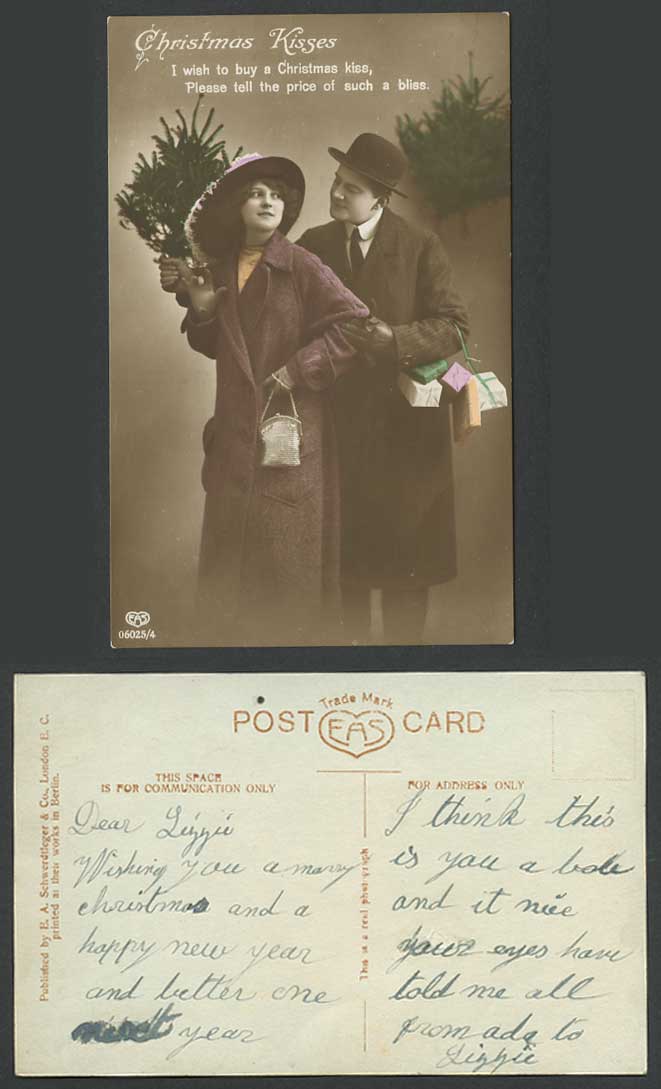 Romance Glamour Lady Woman Man Christmas Kisses, Buy a Xmas Kiss Old RP Postcard