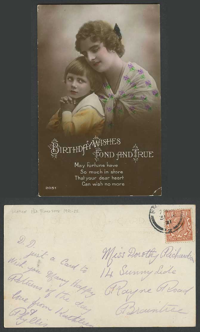 Woman & Boy Girl Children Birthday Wishes Fond True 1921 Old Real Photo Postcard