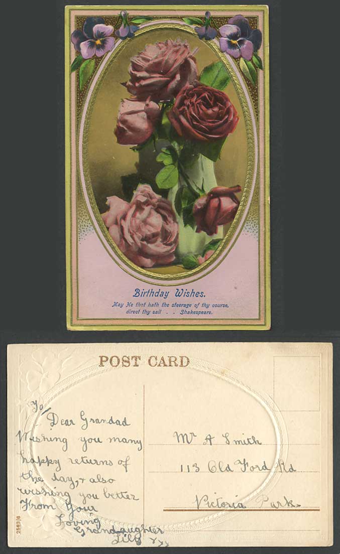 Birthday Wishes Rose & Pansy Flowers Greetings Old Embossed Postcard Shakespeare