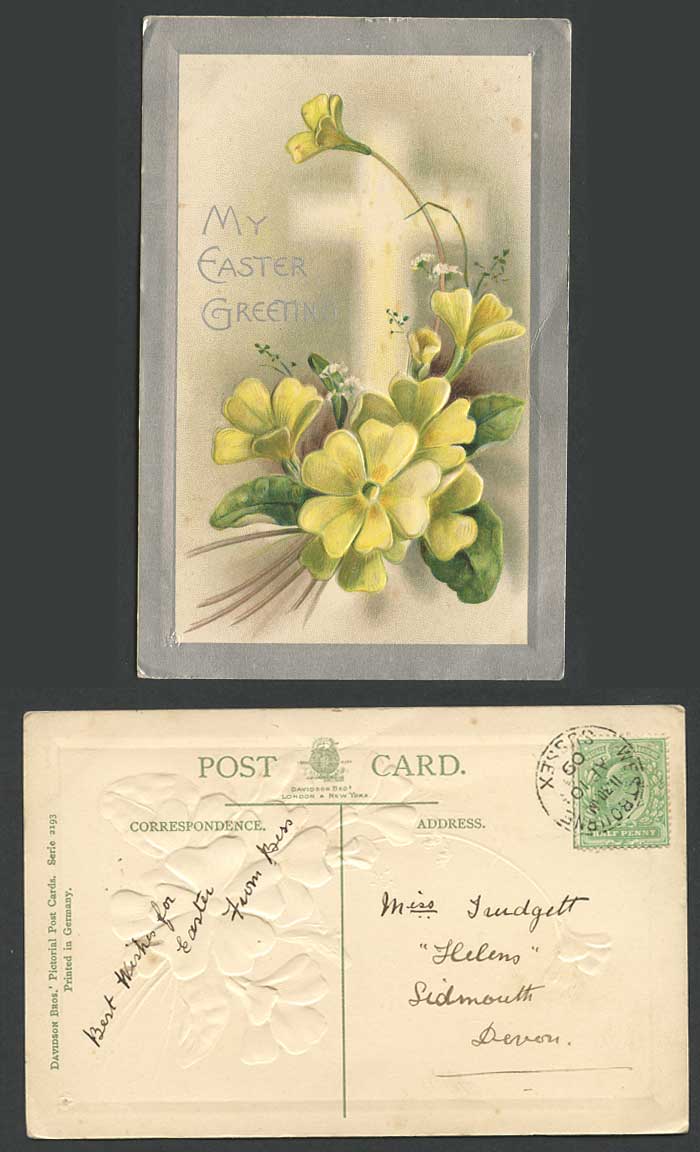 My Easter Greeting Yellow Flowers KE7 1/2d 1909 Old Embossed Postcard Greetings