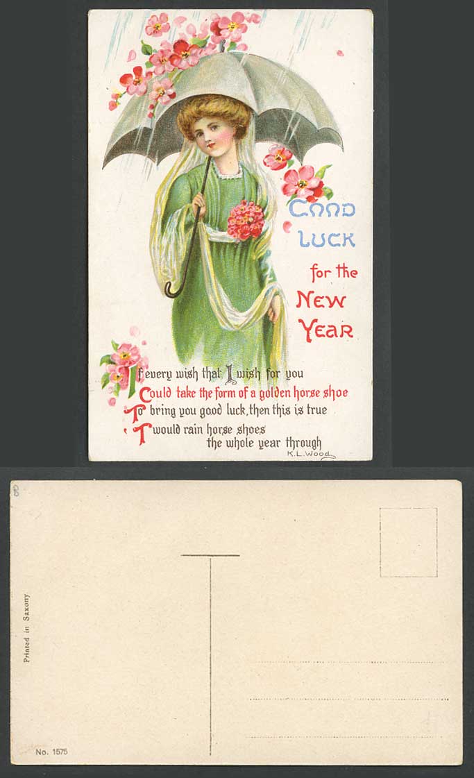 Glamour Lady Woman Silk Head Scarf Umbrella Good Luck for New Year Old Postcard
