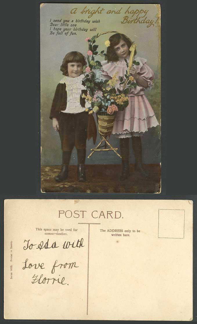 2 GIRLS Children, A Bright and Happy Birthday, Flowers Basket Roses Old Postcard