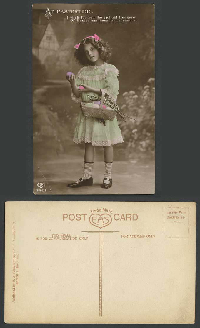 Little Girl Children Basket of Easter Eggs At Eastertide Old Real Photo Postcard